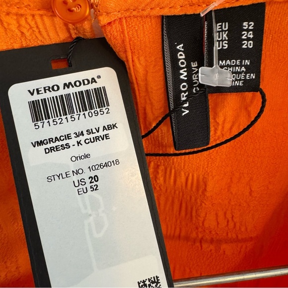 Vero Moda Curve NWT Orange Ruffled Hem 3/4 Bishop Sleeves women’s 20 Dress - Picture 2 of 10
